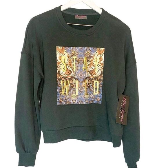 Betsey Johnson Stay Wild Sweatshirt Womens Small Gold Green Pullover Athleisure - Picture 1 of 7